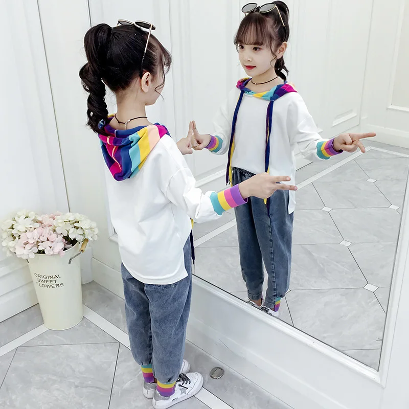 

Girls' Shirt 2020 New Style Spring Clothing Set Korean-style Children GIRL'S Hoodie Jeans Two-Piece Set Fashion