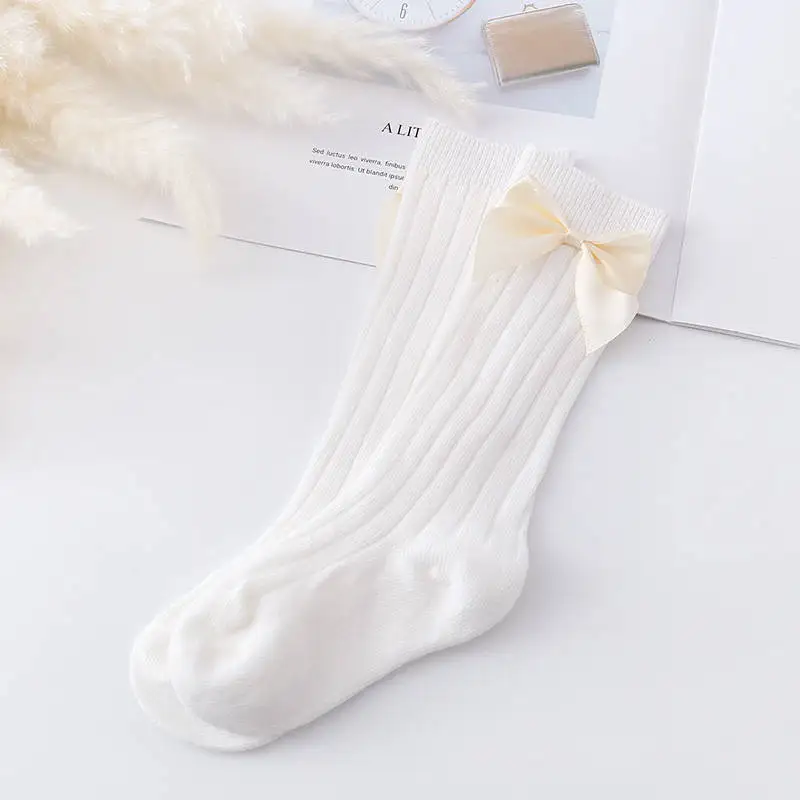 style B white Balleenshiny/Детские носки с вертикальными полосками; Зимние гольфы с большим бантом для маленьких девочек; Мягкие хлопковые носки для малышей; нескользящие однотонные носки - Цвет: style B white