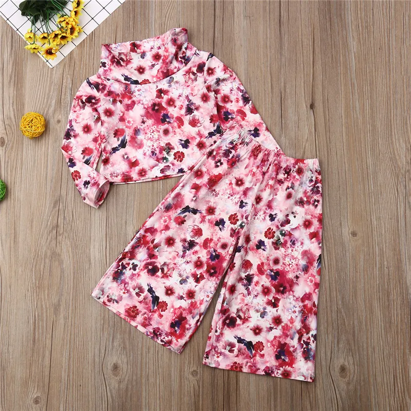 

Kids Baby Girls Clothes long sleeve pullover Geometry Turtle Neck Tops Flower print Pants 2Pcs Polyester Toddler autumn Outfits