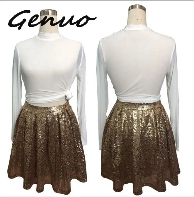 Genuo New Sequined Gold Women's Mini Pleated Skirt Bling Loose Skirts Sexy Club Short Female Saias Femininas Skirts