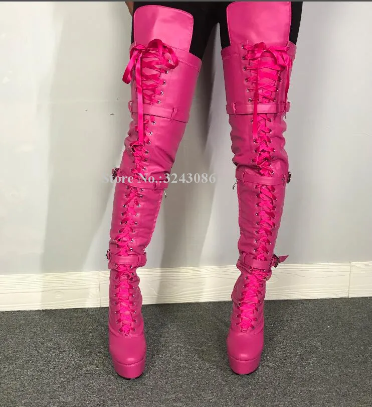 Женские розовые кожаные высокие сапоги на платформе Модные ботфорты на шнуровке, с пряжкой, на ремешке, на шпильке женские сапоги