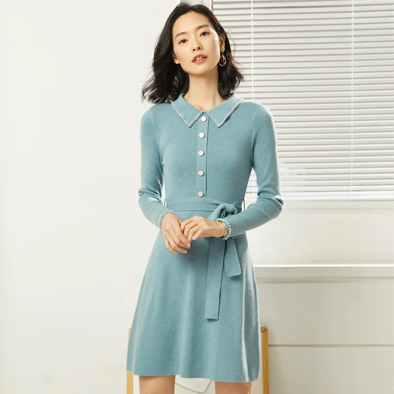 Spring and Autumn New European and American Women's Fashion Waist Temperament A-line dress Lapel Beaded Long Sleeve Dress 19081