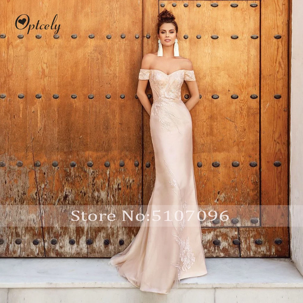 Optcely Vestido de Noiva элегантное шампанское с открытыми плечами Русалка Тюль свадебное платье аппликации бисером развертки поезд невесты платье