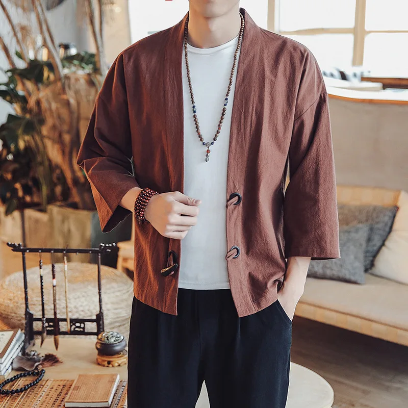 

MEN'S WEAR Chinese Clothing 2018 Spring And Summer-Men Loose Casual Chinese-style Cotton Linen Thin Toggle Cardigan Kimono