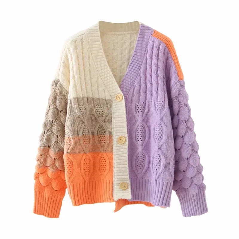 

Cardigan Sweaters Women 2020 Autumn Patchwork Knit Loose Casual Ireegular V-neck Lantern Sleeves bat Sleeves Button Jacket