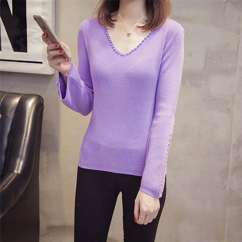 

Korea Autumn Winter Solid Elastic Pullovers Sweaters Women Spring Sexy Purple Flare Sleeve Slim Knitted Sweater Female Jumper