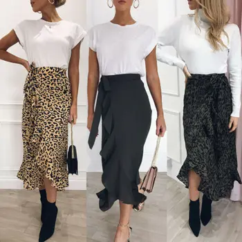 

Women Leopard Print Skirt Wrap Over Asymmetric Loose Elastic High Waist Midi Skirt Evening Party Casual S-XL