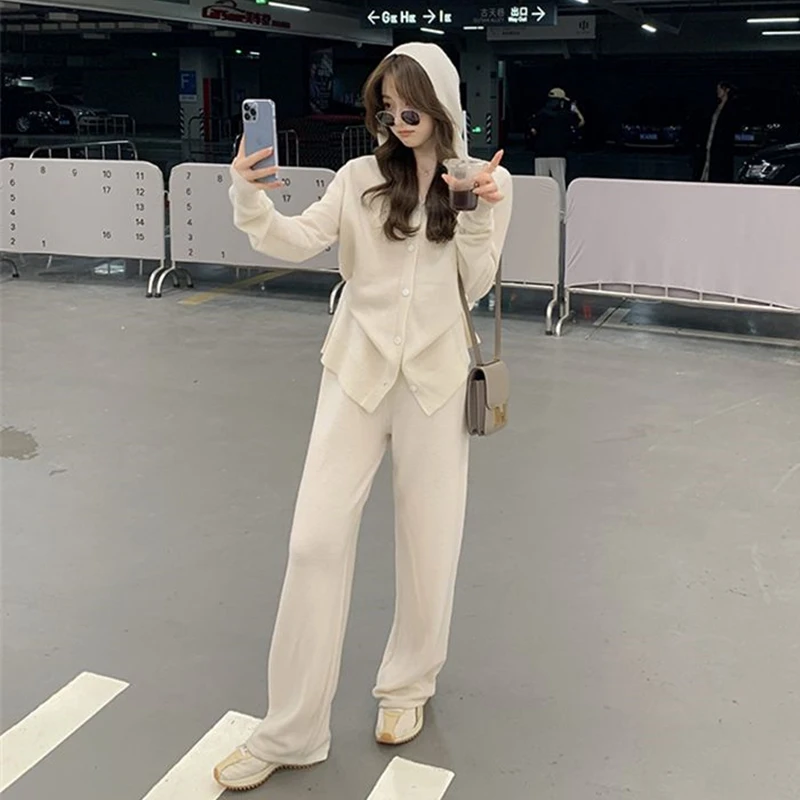 Autumn Winter Casual Knitted 2 Pieces Set Women Hooded Cardigans & Wide Leg Lace-up Knitted Pants Female Sweater Set