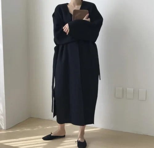 Свободный корейский стиль твидовое пальто закрепляющий ремень Большой размер ниже колена Женская шерстяная, Смешанная Женская - Цвет: black woolen blended