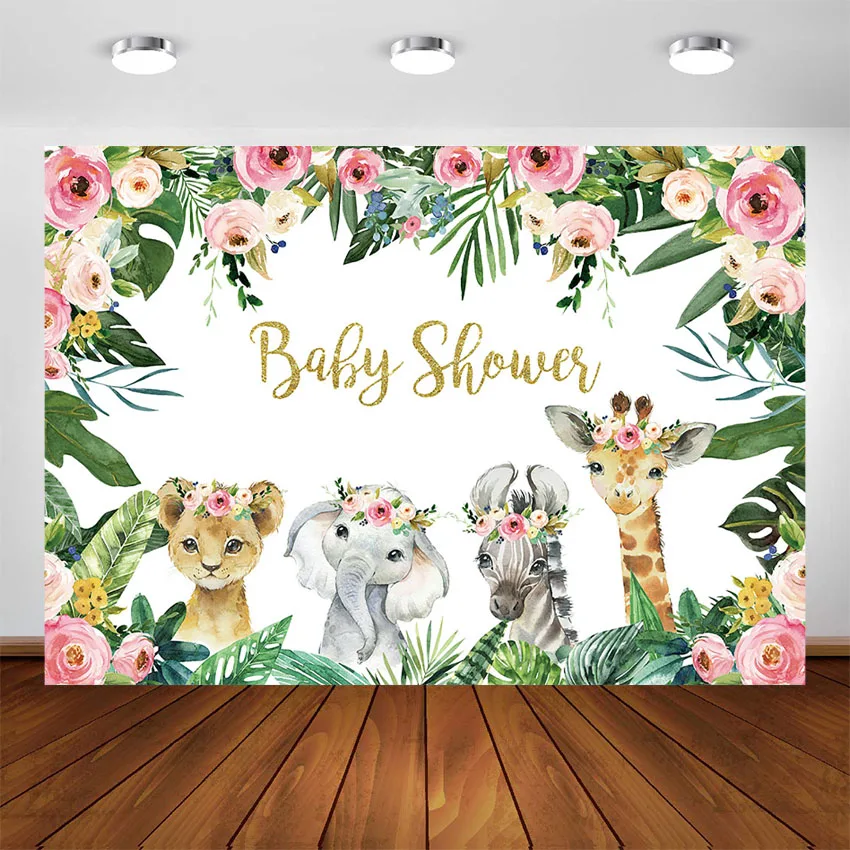 New 7x5ft Safari Jungle Girl Baby Shower Party Backdrop Pink Princess Green Leaves Jungle Animals Pineapple Photography Background Photo Banner for Cake Table Supplies