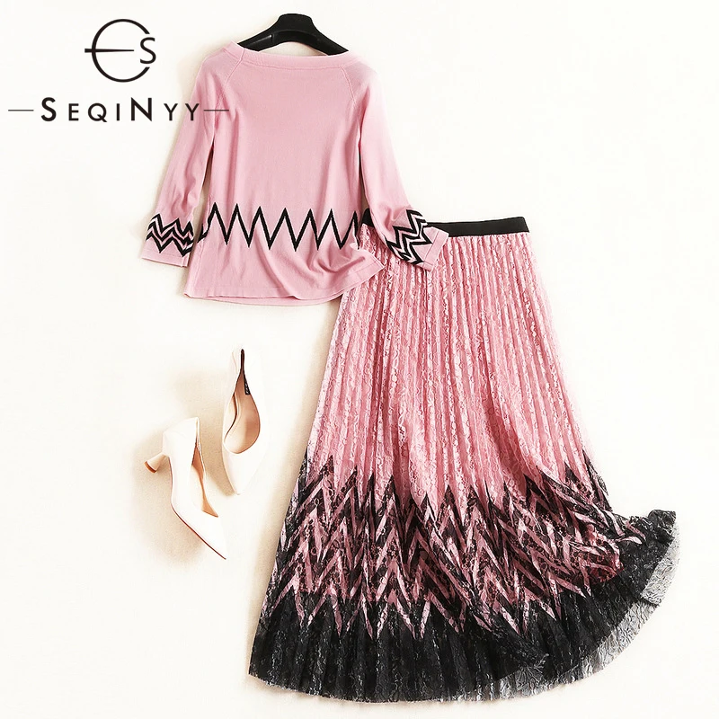 

SEQINYY Sweet Women Set 2020 Spring Autumn New Fashion Design 3/4 Sleeve Knitting Top + Elastic Waist A-line Pleated Lace Skirt