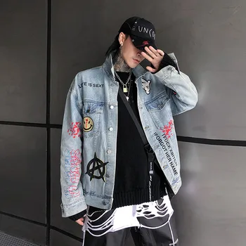 

Original Graffiti Harajuku Denim Jacket Mens Streetwear Oversize Bomber Jacket Hip Hop Letter Print Clothes Male Jeans Jacket