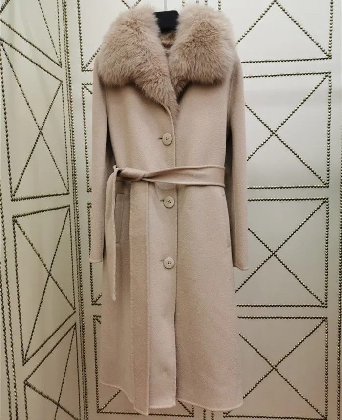 Съемная подкладка из кроличьего меха Рекс пальто для женщин натуральный Лисий меховой воротник Двусторонняя шерстяная куртка длинная теплая плотная Женская парка