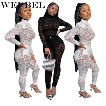 

WEPBEL Women Two Picec Outfits Hollow Out Sexy Club Lace Two Piece Set Top and Pants Solid Color Skinny Perspective Women Set
