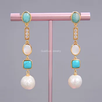 

GuaiGuai Jewelry 2.3'' White Keshi Pearl shell Blue Turquoise Amazonite Drop Stud Earrings
