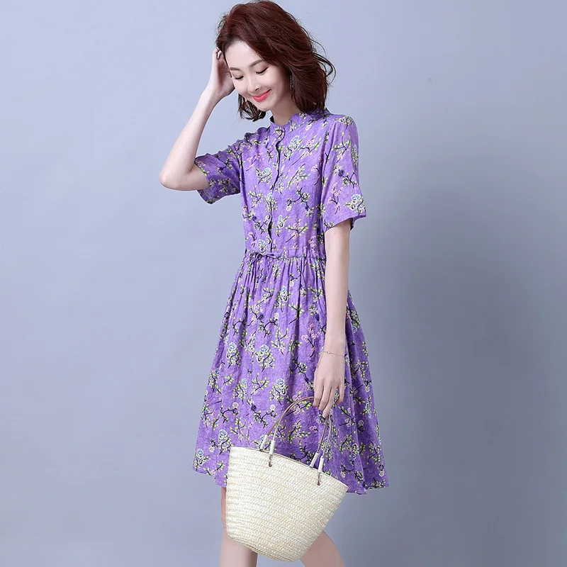 

2019 Summer New Style Retro Loose Cotton Linen Floral-Print Mid-length Slim Fit Slimming Short Sleeve Waist Hugging Dress Women'