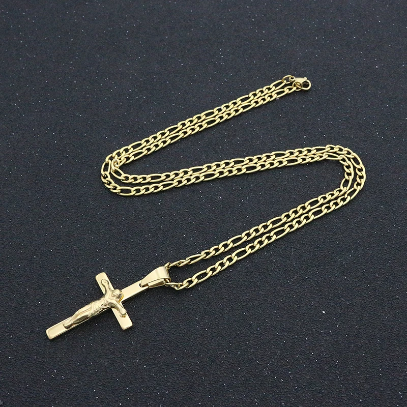 

New Fashion Women Cross Necklace Stainless Steel 60CM/70CM Figaro Chain Cross Pendant Gold Color Necklace For Women Jewelry