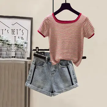 

Women 2020 Summer Fashion Casual 2 Piece Set Female Striped T- Shirt Tops And Denim Short Suit Short Jeans Clothing Outfits L85
