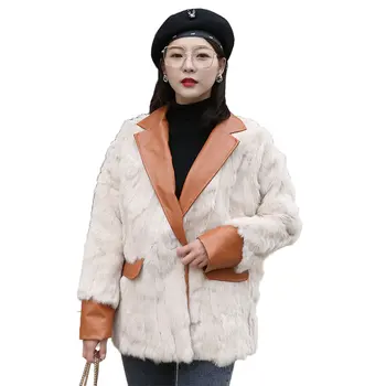 

New Style Winter Fashion V Neck Rabbit Fur Coats Leather Jacket Stand Collar Real Fur Coat Warm Overcoats