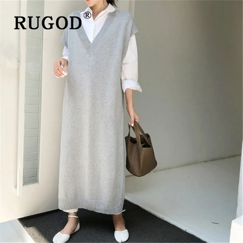 RUGOD зимний жилет корейский стиль v-образным вырезом без рукавов большого размера свитер платье Досуг Серый пуловеры