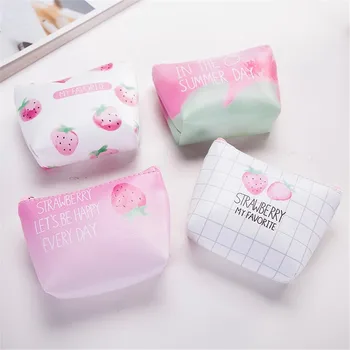 

Sweet Strawberry Leather Coin Purse Women Pink Pu Short Wallet For Girls Cute Coins Storage Key Cards Bag Pouch