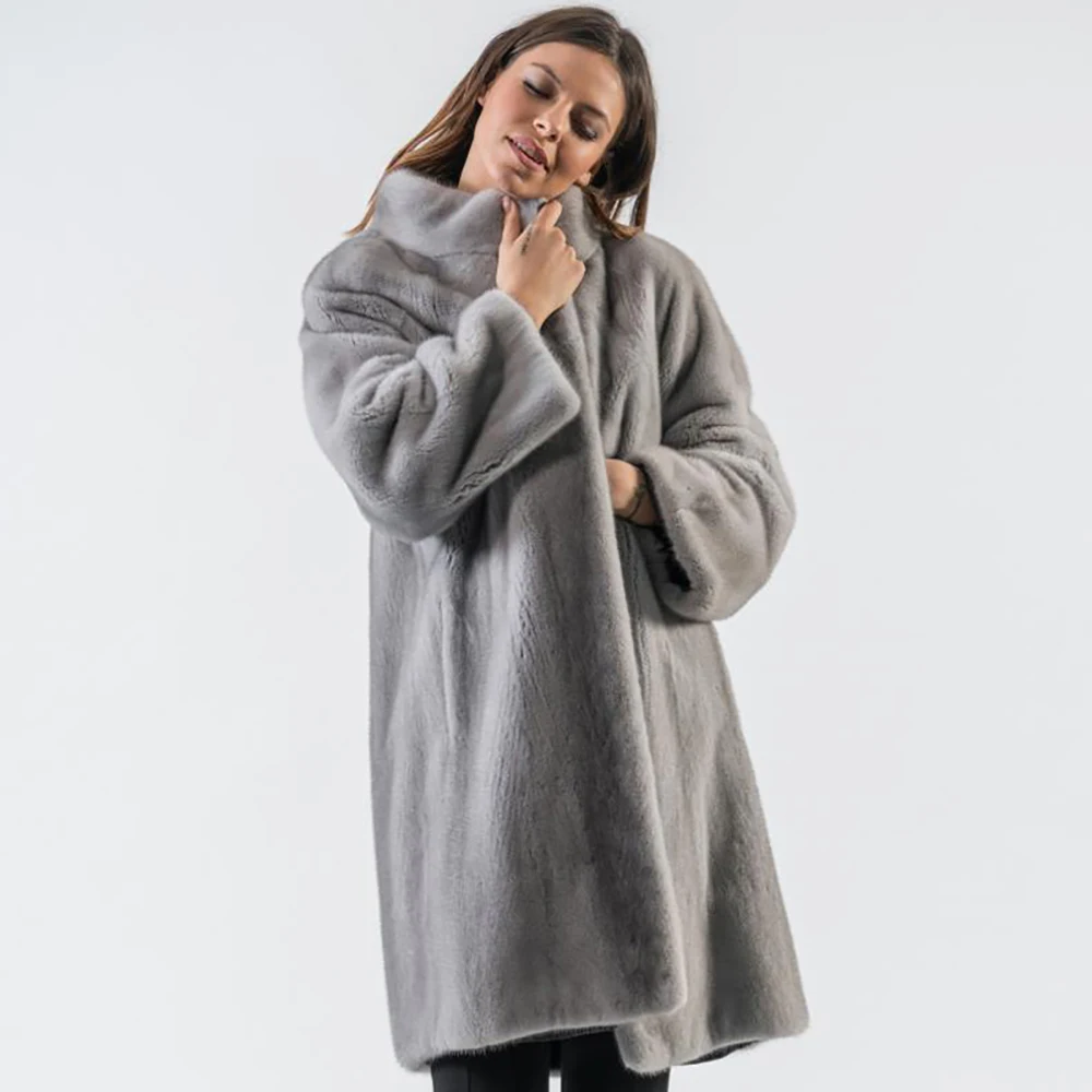 Новинка, длинное пальто из натурального меха норки, Роскошная Шуба из натурального меха норки с костюмным воротником для женщин, шуба - Цвет: 90cm long gray