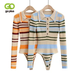 GOPLUS Body de manga larga a rayas para Mujer, Ropa Sexy para Mujer, Kombinezon Damski, Manche Longue