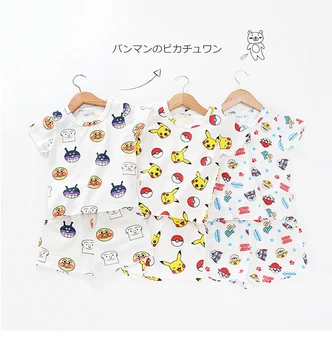 

2020 Summer New 100% Cotton Pikachu Short Sleeve Children's Suit For Kids Boys Tracksuits Home Clothes Set Pajamas