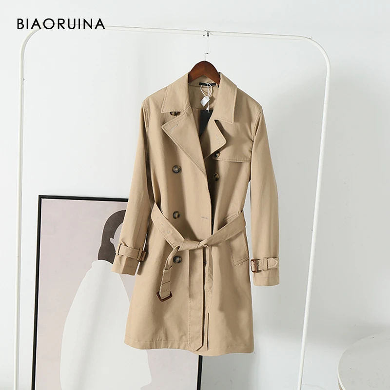 

BIAORUINA Women's Classic England Style All-match Double Breasted Long Trench Coat Turn-down Collar Office Lady Elegant Coats