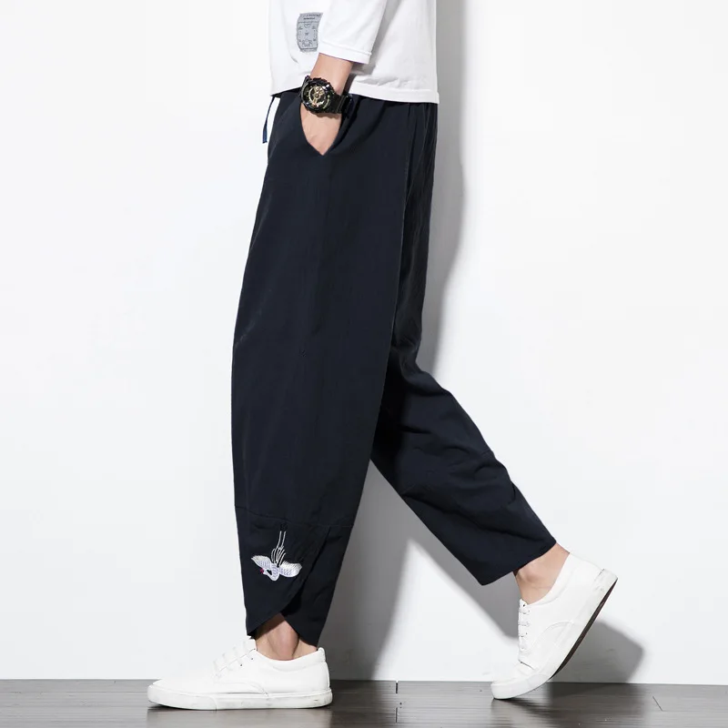 

Chinese-style Loose Linen Pants Crane Embroidery Loose Pants Men's Large Size Loose Casual Cotton Pants Men's Trousers Capri Pan