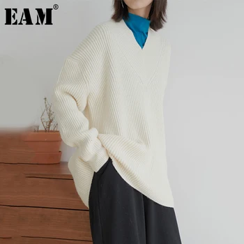 

[EAM] Brief Big Size Knitting Sweater Loose Fit V-Neck Long Sleeve Women Pullovers New Fashion Tide Spring Autumn 2020 1M588