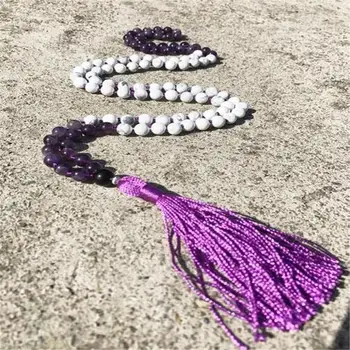 

8MM White Howlite Amethyst Gemstone Mala Necklace 108 Beads Unisex pray natural chain cuff MONK Bless Meditation spirituality