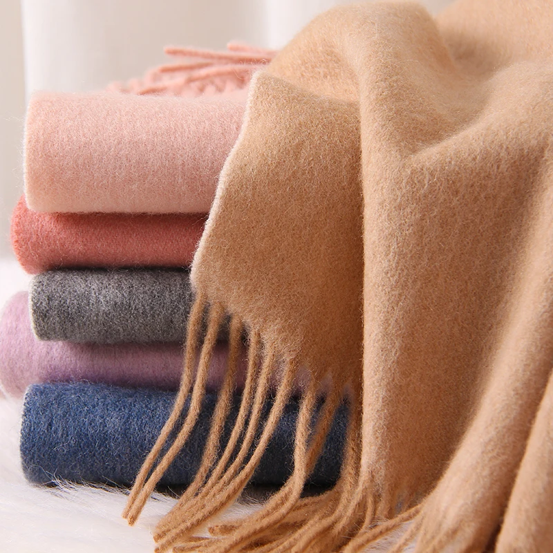 

Women 100% Sheep Wool Scarf Two-Colors 2019 Winter Autumn Hot Warm Soft Fringes Long Pure Wool Scarves Scarfs Camel