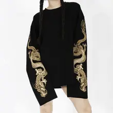 Женская крутая свободная Стильная черная футболка в стиле Харадзюку, уличная одежда с вышивкой Золотого Дракона, японские Футболки с длинным рукавом большого размера