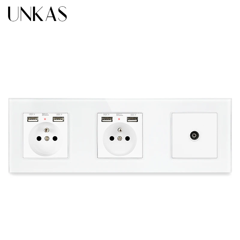 Двойная французская стандартная розетка со стеклянной панелью UNKAS с 4 USB портами