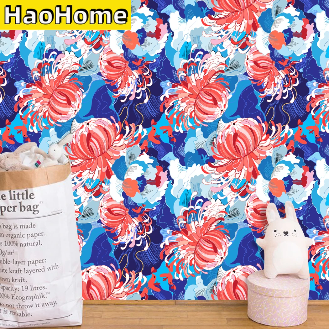HaoHome Chinese Style self-adhesive Wallpaper Floral Peel and Stick Wallpaper Blue/Red Waterproof Wallcoverings for Home Decor