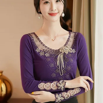 

Black Patchwork Lady Autumn Tops Plus Size M-4XL O-Neck Style Women Lace Tees 2019 New T-Shirts