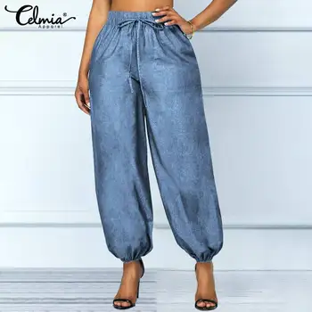 

2020 Fashion Women Demin Harem Pants Celmia High Elastic Waist Jeans Palazzo Casual Plus Size 5XL Trousers Loose Pantalon Mujer