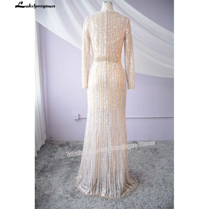 Lakshmigown Роскошные с блестящими кристаллами Русалка вечернее платье с длинным рукавом Сексуальная Иллюзия V шеи бисер длинное платье выпускного вечера Вечернее платье