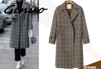 

Plaid Woolen Fleece Notched Women's Jacket Coat Long Velvet Thicken Office Lady Women Overcoat 2019 Autumn Winter Warm Coats