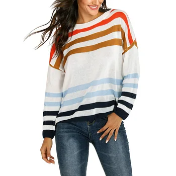 

New Contrast Striped Round Neck Women Sweater Loose Casual Wild Knitted Pullovers Tops Female Casual Long Sleeve Sweaters 1