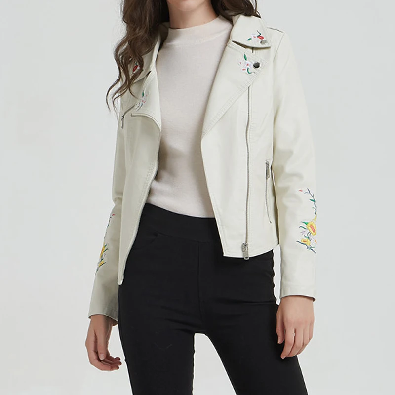 

Leather Embroidery Basic Jacket Female Motorcycle 2019 Coat Women Biker Ladies Outwear Fall Autumn Winter Outerwear Punk Clothes
