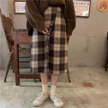 

Alien Kitty Retro Plaid Fresh High Waist Woolen-cloth Women Retro Brief Students Loose All Match Slender Plus Size Long Skirts