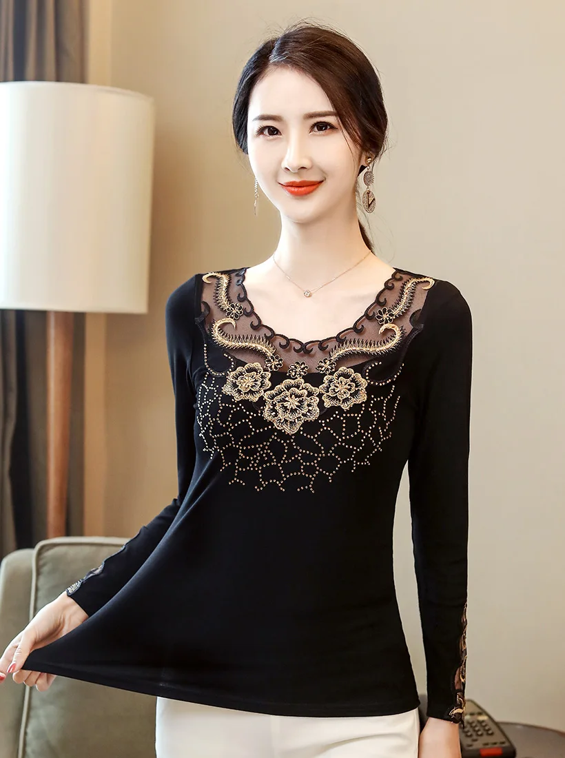 Blusas mujer de moda Осенняя Футболка со стразами с длинными рукавами модная повседневная открытая Сетчатая футболка больших размеров черные женские топы
