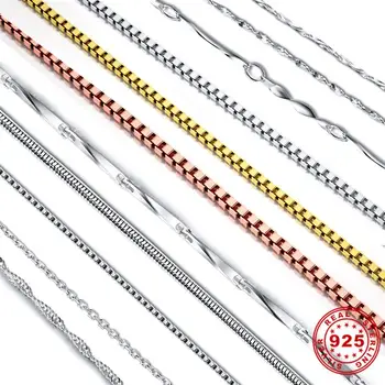 

Real 925 Sterling Silver Chain Necklaces for Women Necklace Fine Jewelry Accessories Box Ingot Snake Bar Singapore Link Chains