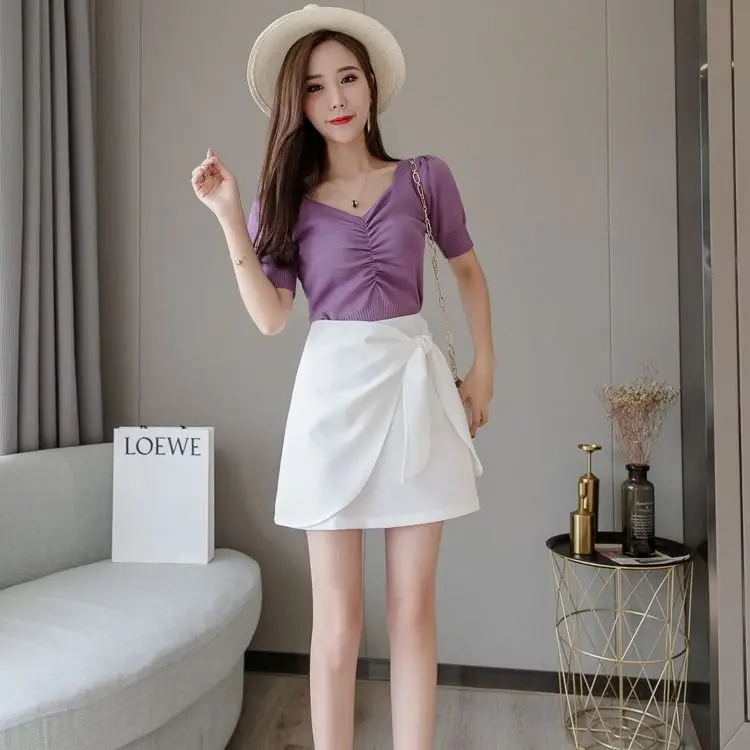 

Summer Short Skirts A-line Chic Ladies Tailored Mini Skirts One-step Midiskirts Girls Thin High Waist Fashion Pockets Favourable