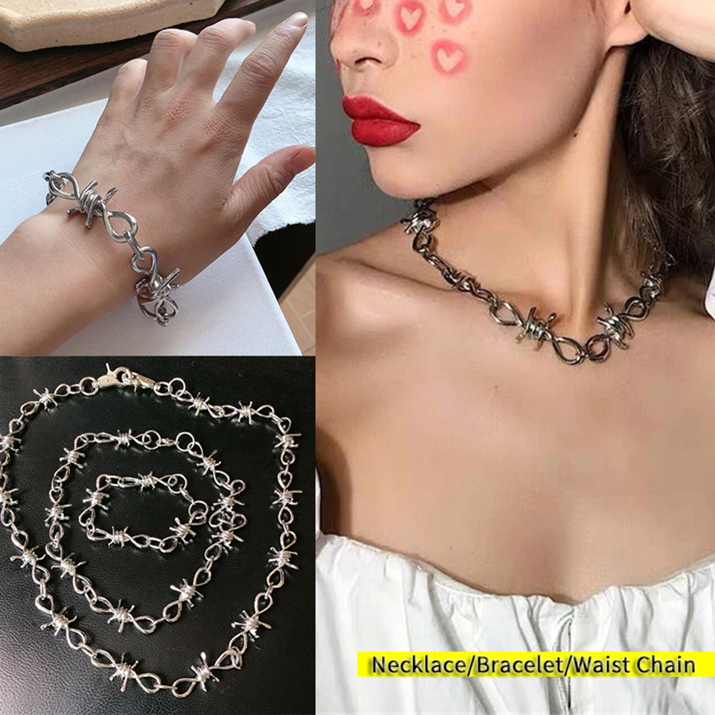 

Unisex Punk Link Chain Necklaces Bracelet Thorns Spur Hip Hop Silver Necklace Bracelet Chain Choker Metal Collar Hook Street Hot