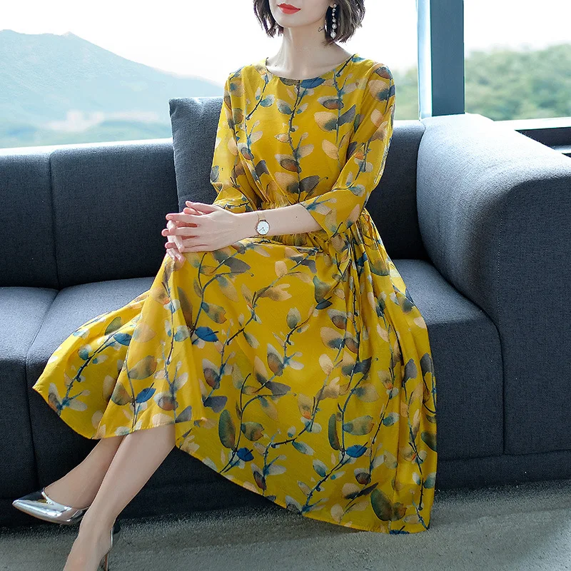 

Mid-length Dress 2019 Spring Summer Korean-style WOMEN'S Wear Waist Hugging Slimming Three-quarter-length Sleeve Elegant Elegant