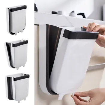 

9L Kitchen Hanging Trash Can Wall Mounted Folding Waste Bin Kitchen Cabinet Door Hanging Trash Bin Khaki White Portable Ashbin