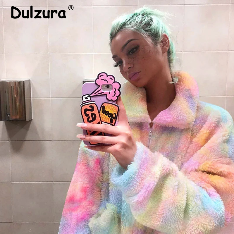 #*Cheap Harajuku Style Rainbow Faux Rabbit Fur Jacket Coat Women 2019 Winter Chic Colorful Turn down Overwear Thicken Warm Streetwear